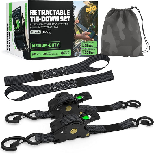 Retractable Ratchet Tie-Down Straps (2-Pack) – 1" x 10' (1209 lbs Break Strength)