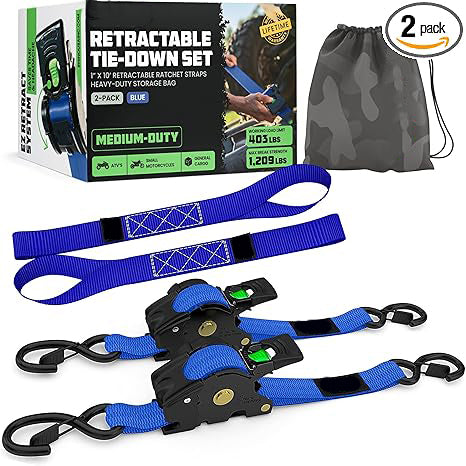 Retractable Ratchet Tie-Down Straps (2-Pack) – 1" x 10' (1209 lbs Break Strength)