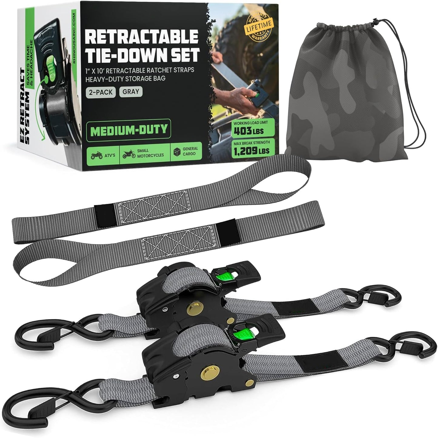 Retractable Ratchet Tie-Down Straps (2-Pack) – 1" x 10' (1209 lbs Break Strength)