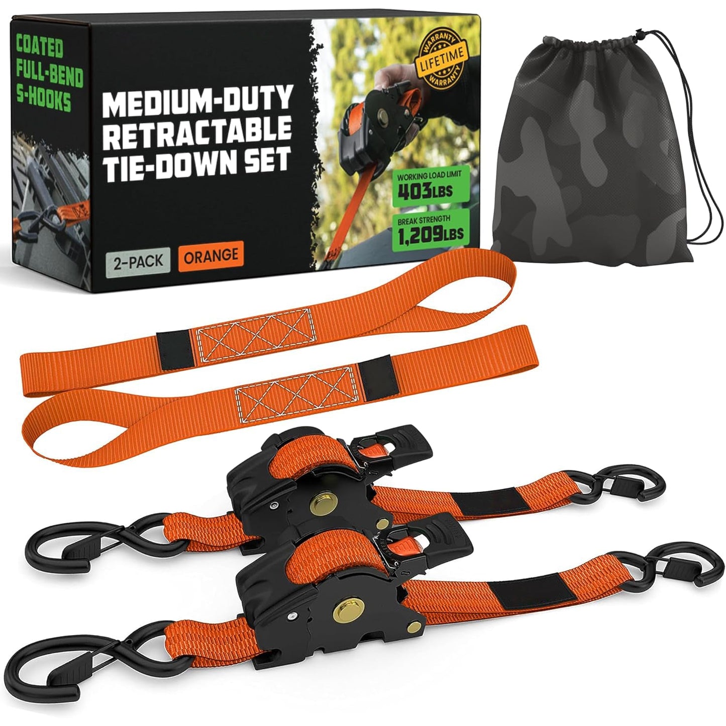 Retractable Ratchet Tie-Down Straps (2-Pack) – 1" x 10' (1209 lbs Break Strength)