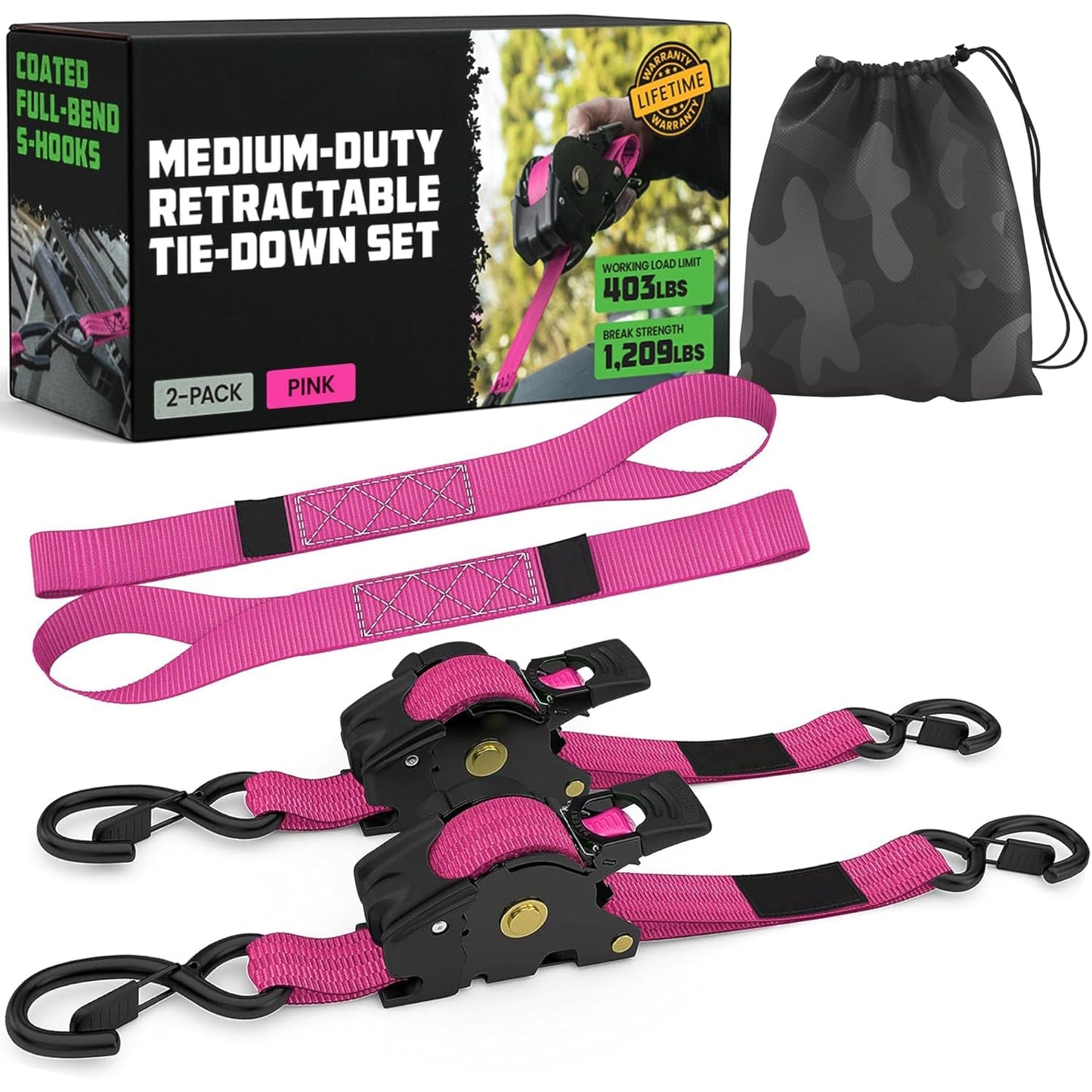 Retractable Ratchet Tie-Down Straps (2-Pack) – 1" x 10' (1209 lbs Break Strength)