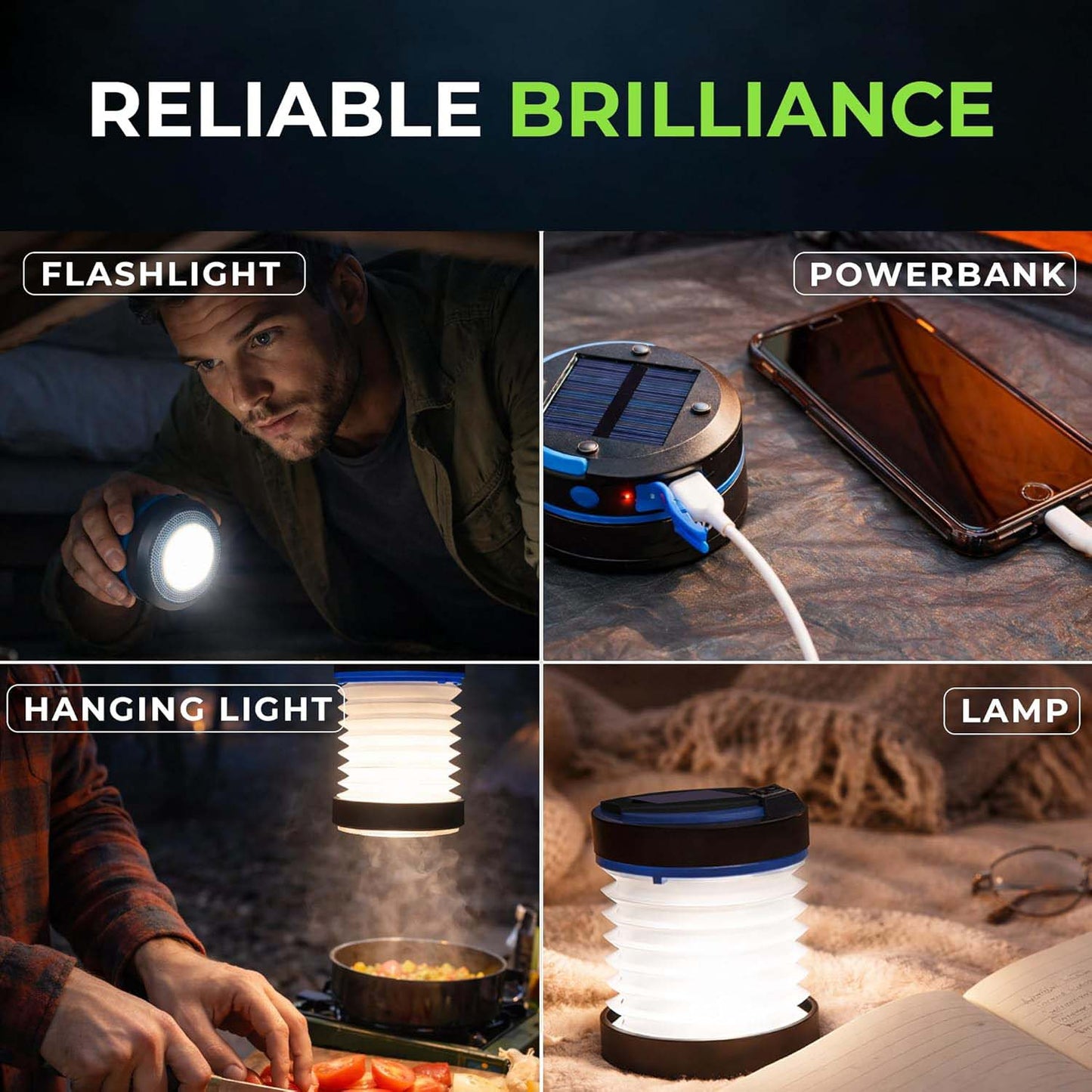 Outdoor Solar Lantern — Dual Charging (Solar/Plug-in) — Retractable LED Emergency Light